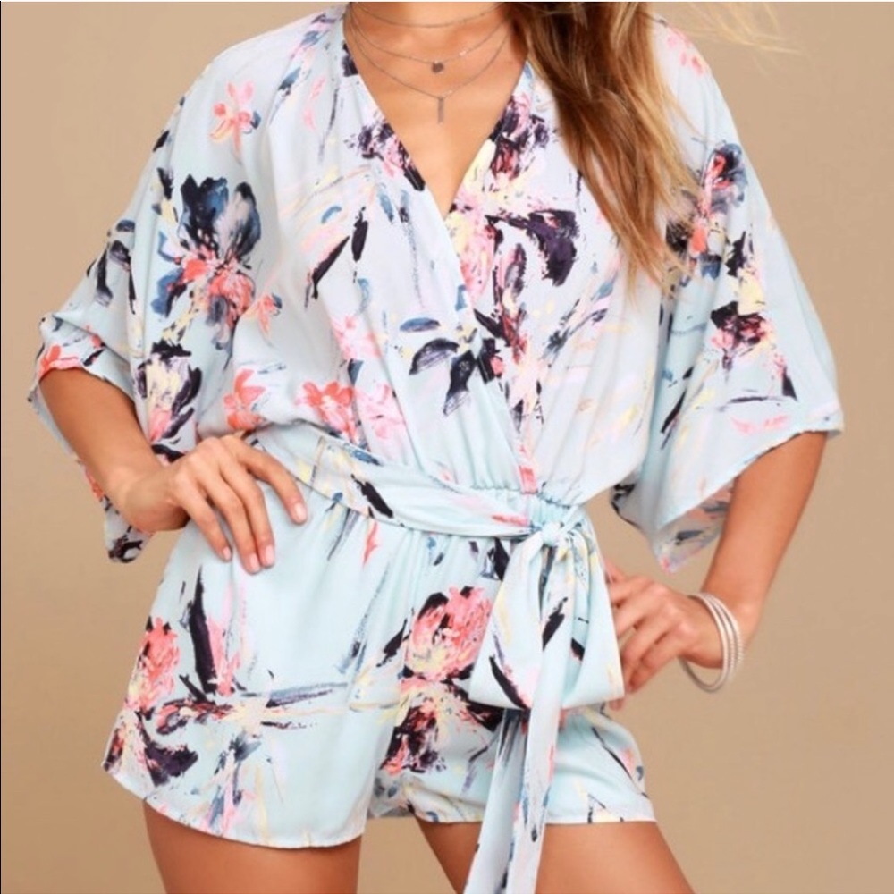 LULUS Light Blue Floral Print Romper Size M